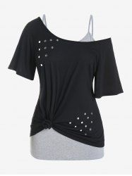 Plus Size Rivets Skew Neck Tee and Cami Top Contrast Two Piece Set -  