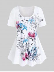 T-shirt à Imprimé Fleur Chat à Manches Courtes de Grande Taille - Blanc L | US 12