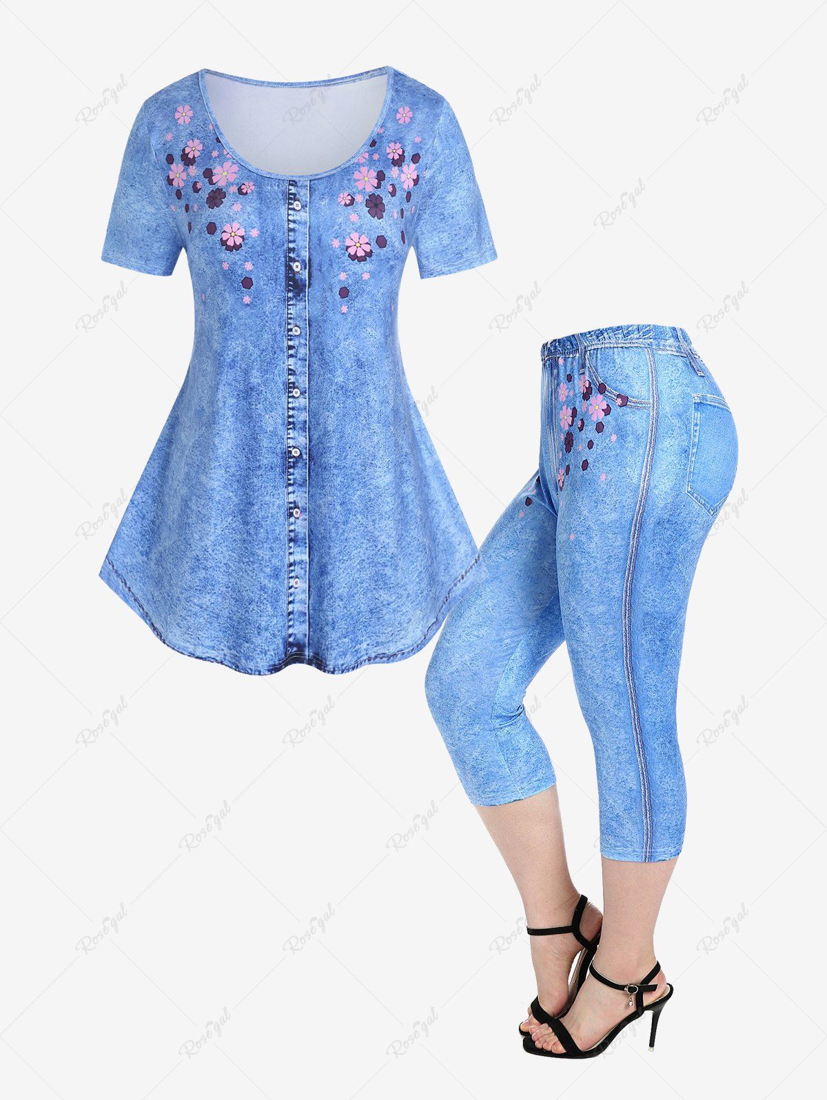 Online 3D Jeans Foral Printed Tee and 3D Jeans Floral Printed Leggings Plus Size Summer Outfit  