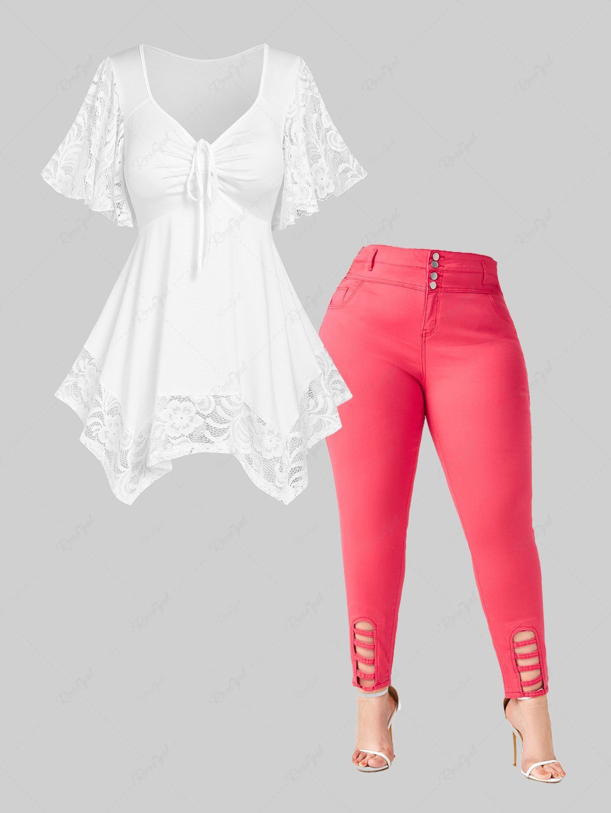 Affordable Flower Lace Sleeve Handkerchief Tee and Colored Jeans Plus Size Summer Outfit  