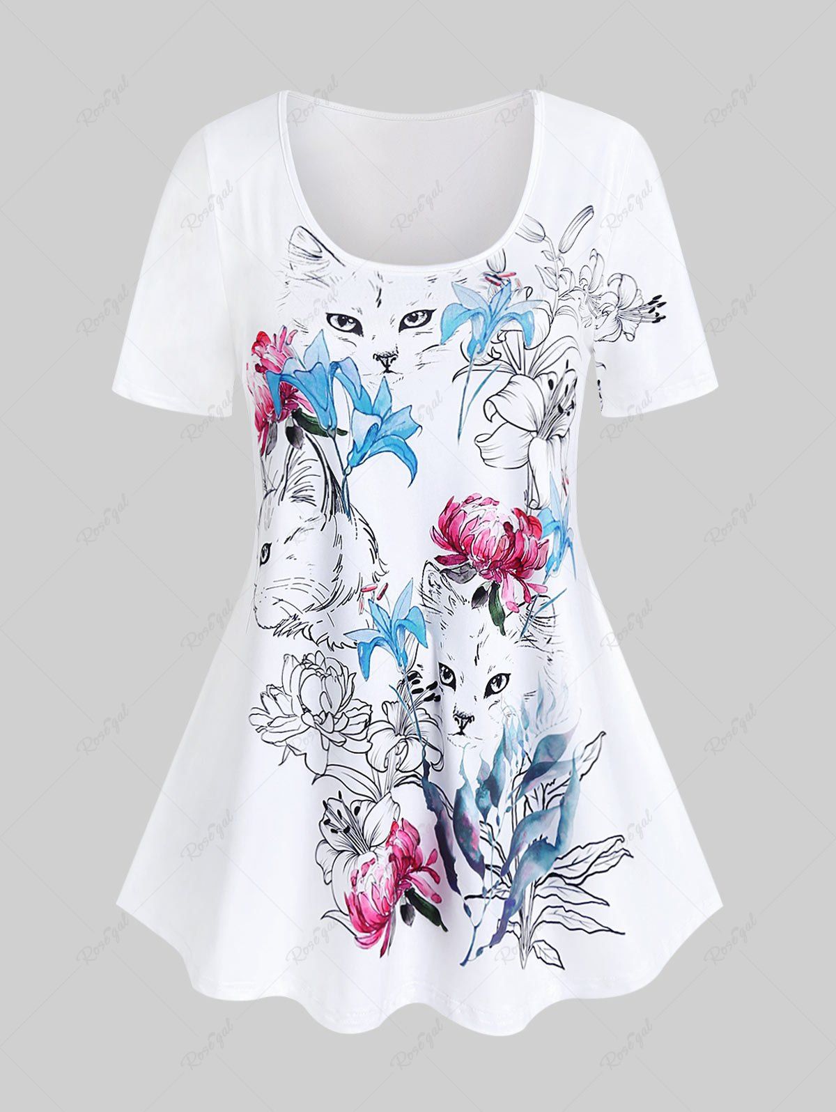 T-shirt à Imprimé Fleur Chat à Manches Courtes de Grande Taille Blanc 
