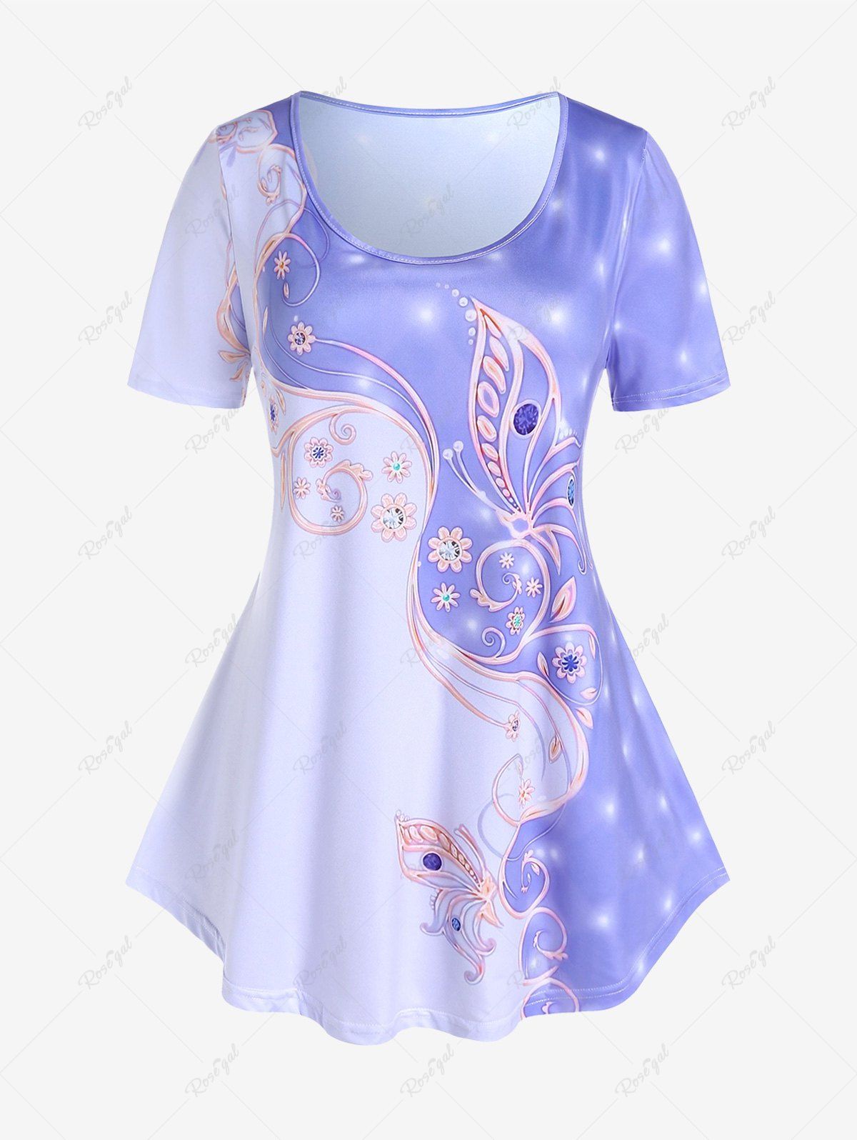 Discount Plus Size Colorblock Flower Printed Short Sleeves T Shirt  