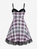 Plus Size Lace Up Panel Backless Plaid Vintage Sleeveless Dress with Mesh -  