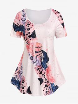 Plus Size Feathers Printed Short Sleeves T Shirt - LIGHT PINK - 2X | US 18-20