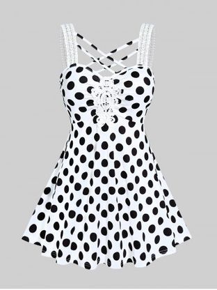 Plus Size Polka Dot Backless Strappy Tunic Tank Top with Lace