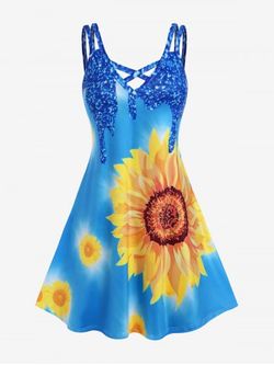 Plus Size 3D Sunflower Printed Crisscross A Line Sleeveless Dress - BLUE - 2X | US 18-20