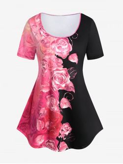Plus Size Rose Print Colorblock Tee - RED - 2X | US 18-20