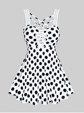 Plus Size Polka Dot Backless Strappy Tunic Tank Top with Lace - WHITE - M | US 10