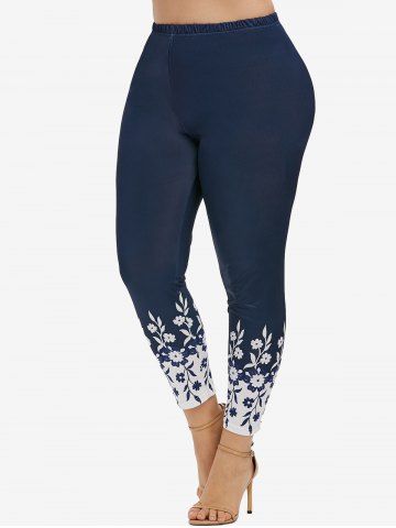 Plus Size High Waisted Floral Print Skinny Leggings - DEEP BLUE - S | US 8