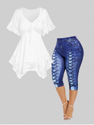 Lace Insert Flutter Sleeve T Shirt and 3D Lace Up Jean Print Capri Leggings Plus Size Summer Outfit - WHITE