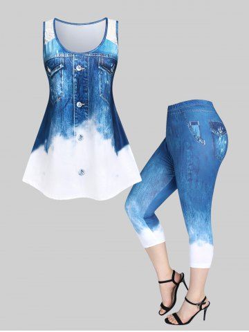 3D Ombre Denim Print Lace Panel Tank Top and Leggings Plus Size Summer Outfit - BLUE