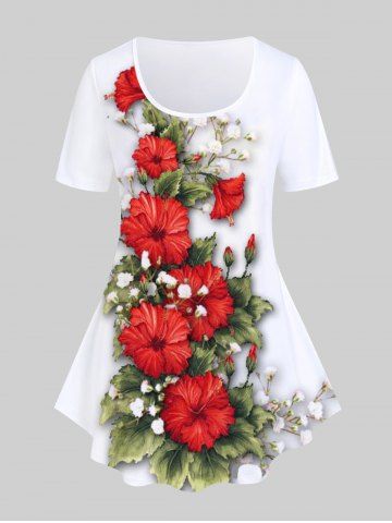 Plus Size 3D Flower Printed Short Sleeves T Shirt - WHITE - 5X | US 30-32