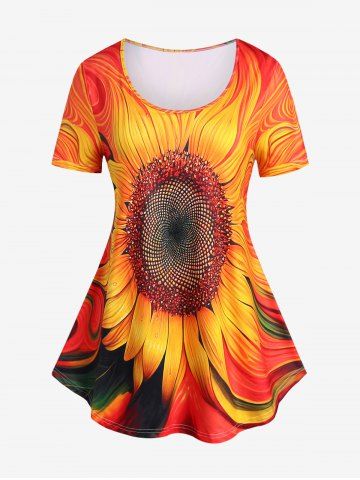 Plus Size Sunflower Printed Short Sleeves Tee - DARK ORANGE - 5X | US 30-32