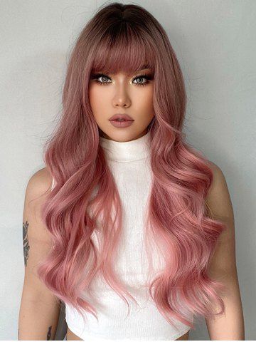 Ombre Color Full Bang Fluffy Long Wavy Synthetic Wig - KHAKI ROSE