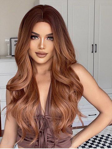 Long Wavy Middle Part Heat Resistant Fiber Wig - TIGER ORANGE