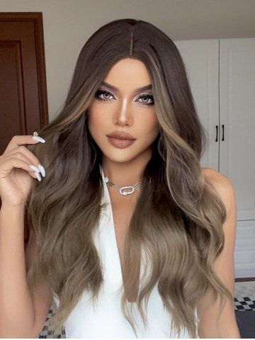 Brown Gradient Color Middle Part Long Wavy Synthetic Wig - DEEP BROWN