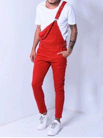 Multi Pockets Casual Denim Overalls - RED - XL