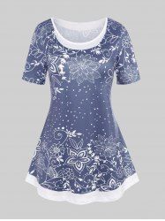 T-shirt Décontracté à Imprimé Floral de Grande Taille - Bleu 3X | US 22-24