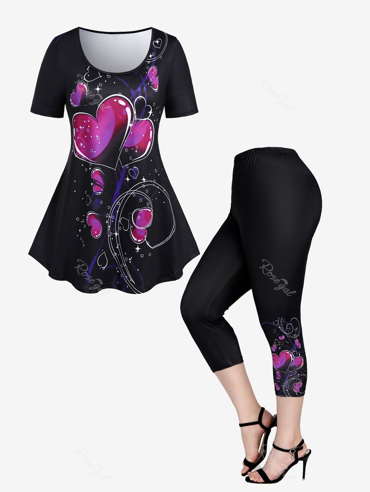 Unique Heart Printed Tee and Heart Printed Leggings Plus Size Summer Outfit  