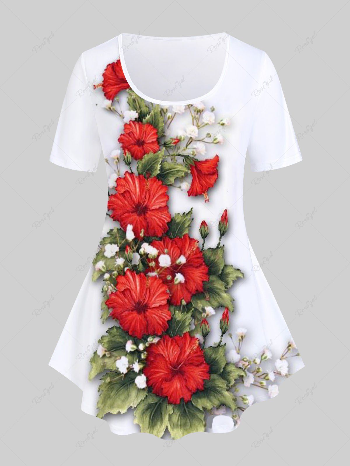 T-shirt à Imprimé 3D Fleur de Grande Taille à Manches Courtes Blanc 