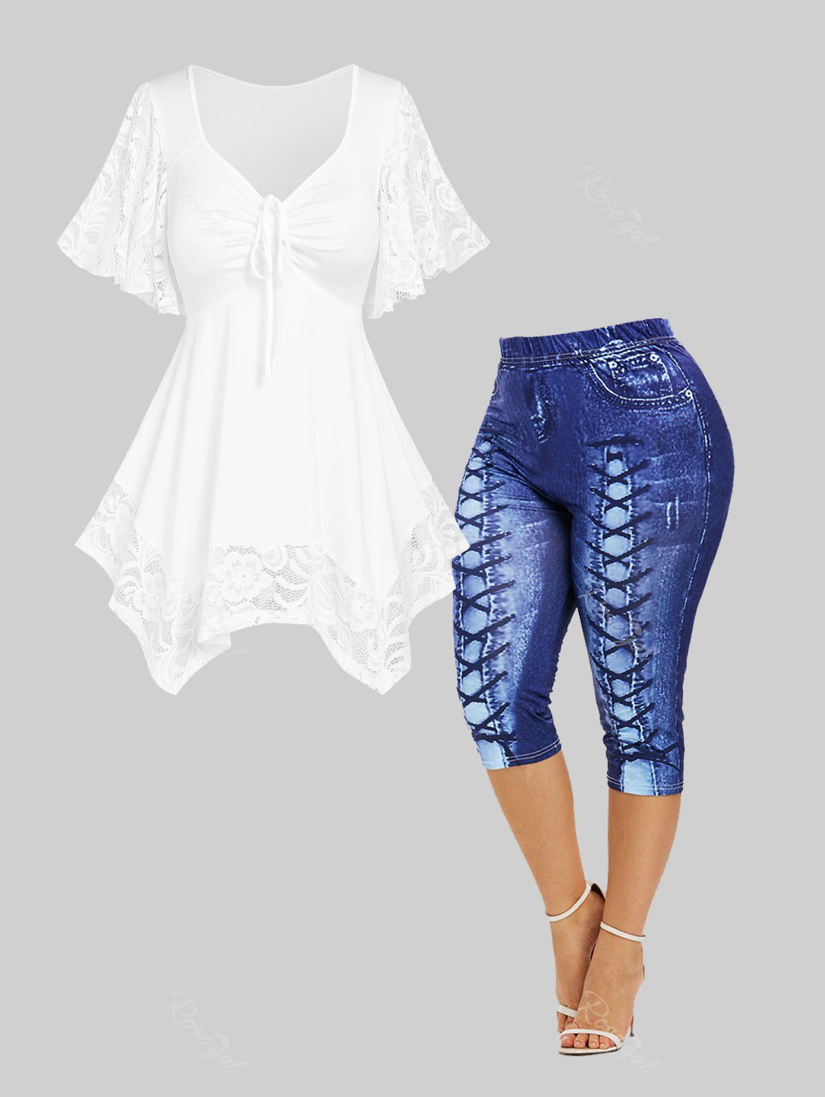 Store Lace Insert Flutter Sleeve T Shirt and 3D Lace Up Jean Print Capri Leggings Plus Size Summer Outfit  