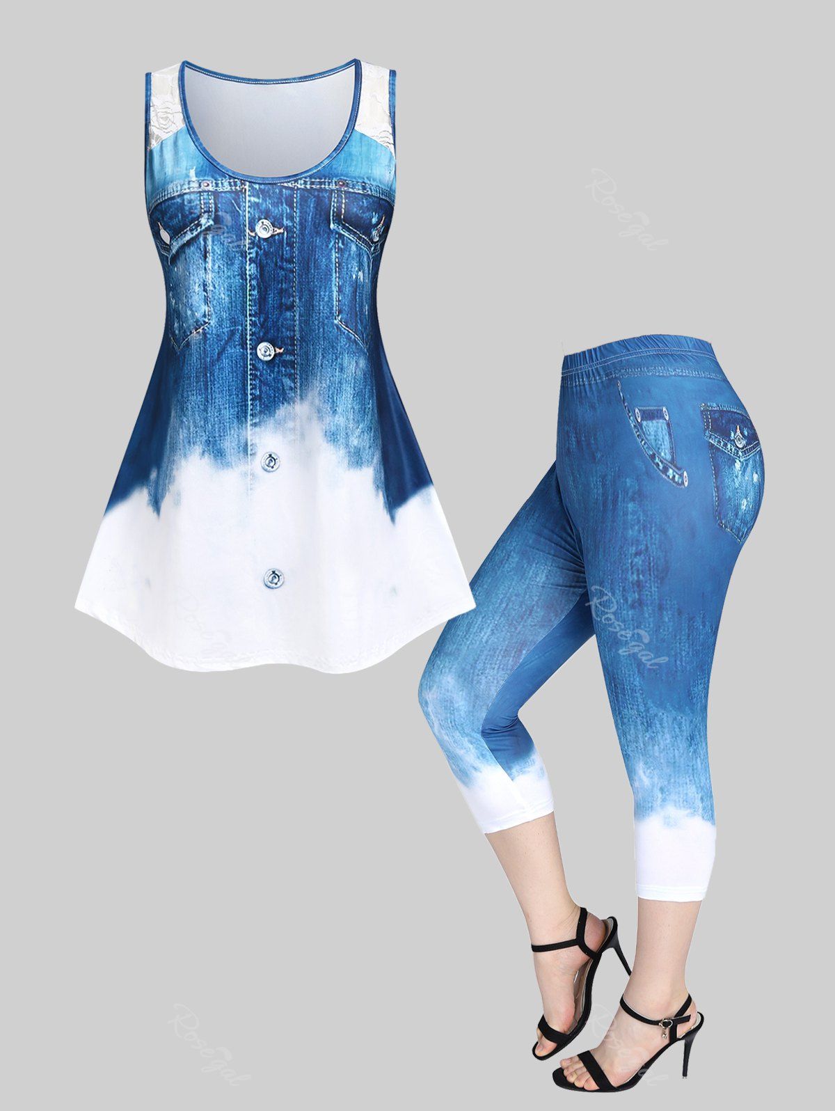 Buy 3D Ombre Denim Print Lace Panel Tank Top and Leggings Plus Size Summer Outfit  