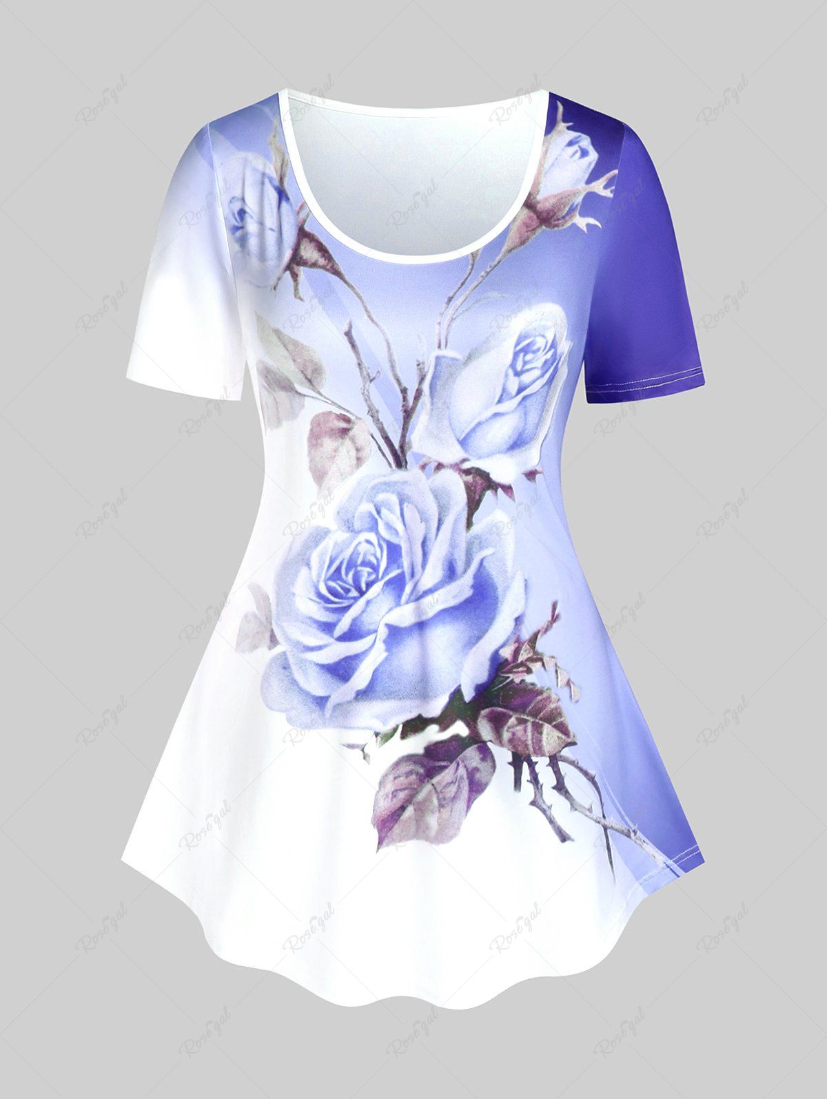 T-shirt à Imprimé Rose en Couleur Ombrée de Grande Taille Bleu clair L | US 12