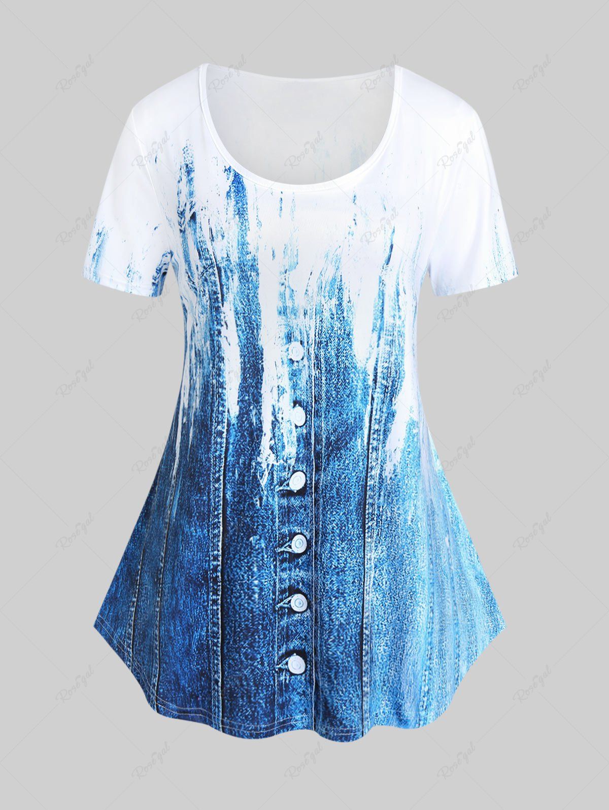 Fashion Plus Size 3D Jeans Printed Two Tone Tee  