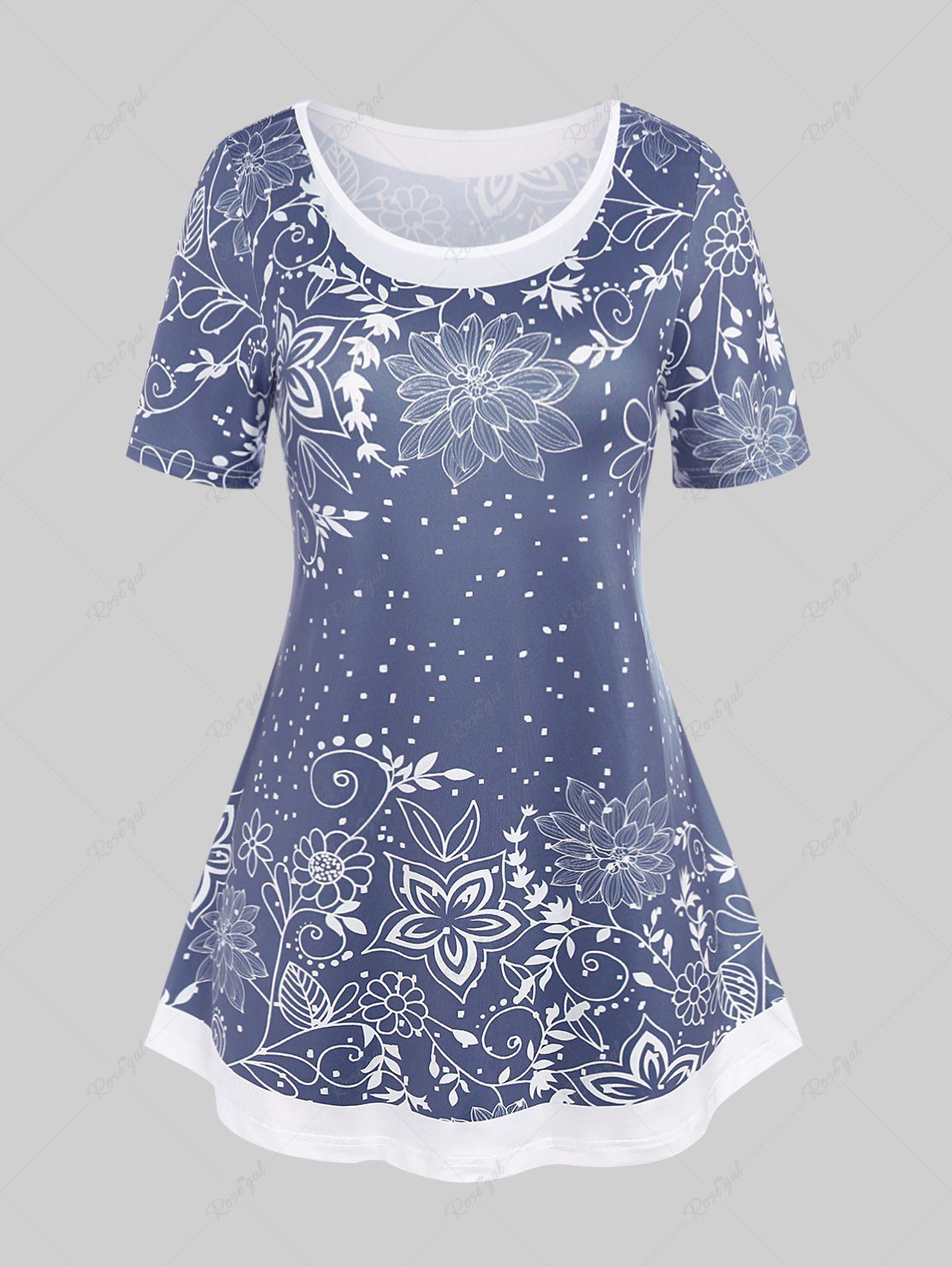 T-shirt Décontracté à Imprimé Floral de Grande Taille Bleu 3X | US 22-24
