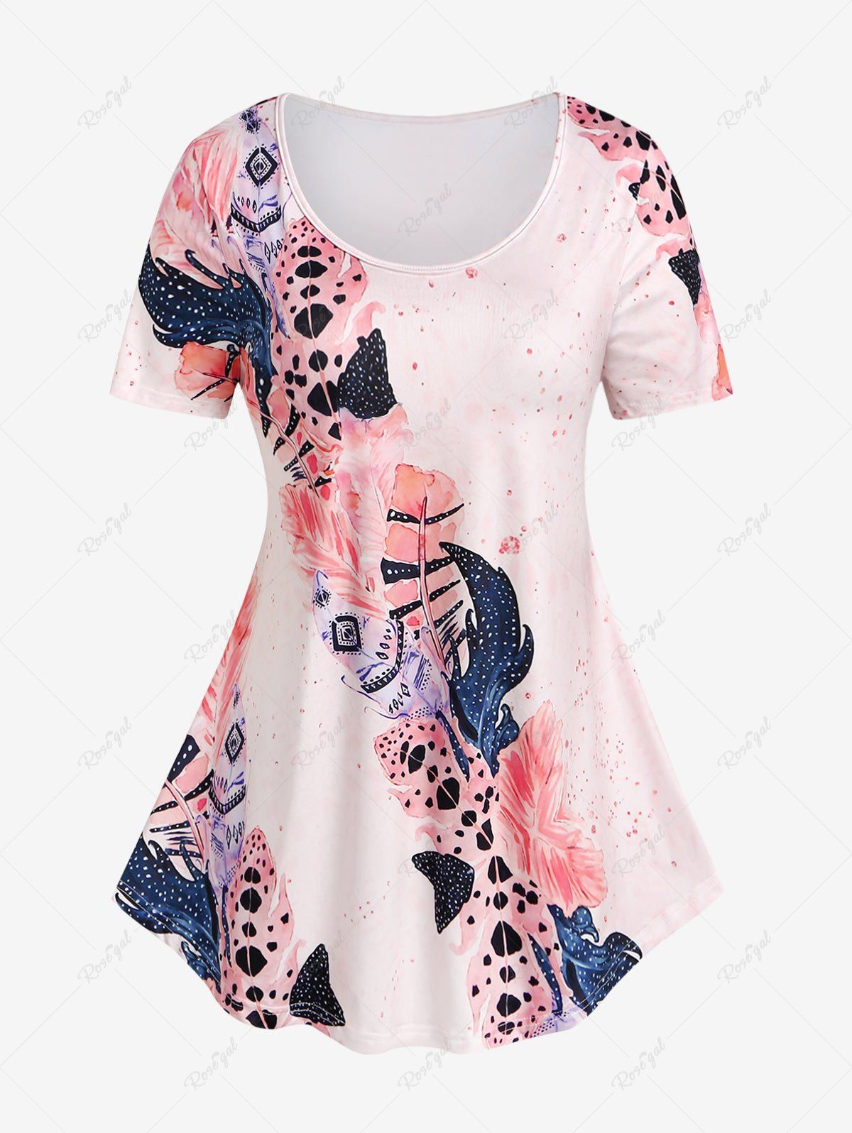 Shop Plus Size Feathers Printed Short Sleeves T Shirt  