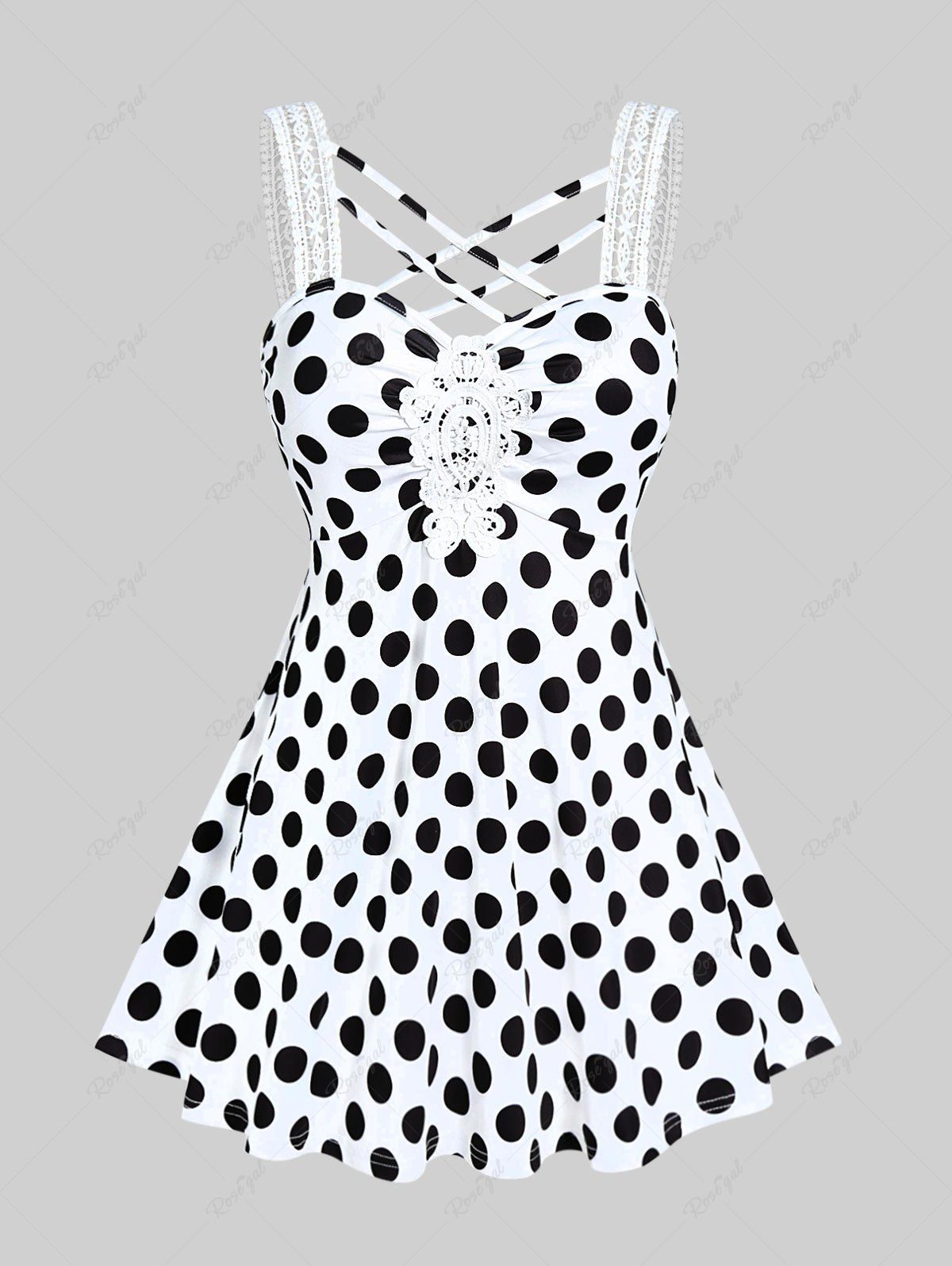 Discount Plus Size Polka Dot Backless Strappy Tunic Tank Top with Lace  