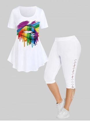 Paint Splatter Lip Print Tee and Lace Up Side High Waisted Capri Pants Plus Size Summer Outfit