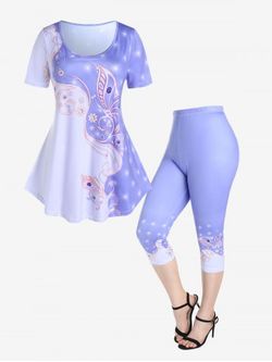 Colorblock Flower Printed Short Sleeves T Shirt and D Sparkles Printed Colorblock Leggings Plus Size Summer Outfit - PURPLE