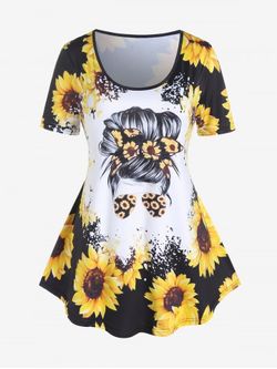 Plus Size Sunflower Girl Hair Print Tee - BLACK - 2X | US 18-20