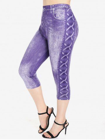 Plus Size 3D Jeans Lace-Up Printed Capri Leggings