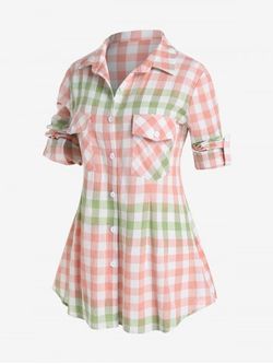 Plus Size Roll Up Sleeve Colorblock Pockets Plaid Shirt - LIGHT PINK - M | US 10