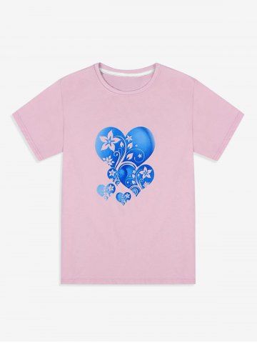 Unisex Heart Flower Print Tee - LIGHT PINK - L