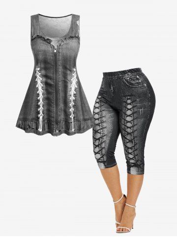 3D Denim Print Lace Panel Tank Top and 3D Lace Up Jean Print Capri Leggings Plus Size Summer Outfit - BLACK