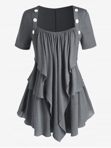Plus Size Layered Draped Buttoned Round Hem Tunic Tee