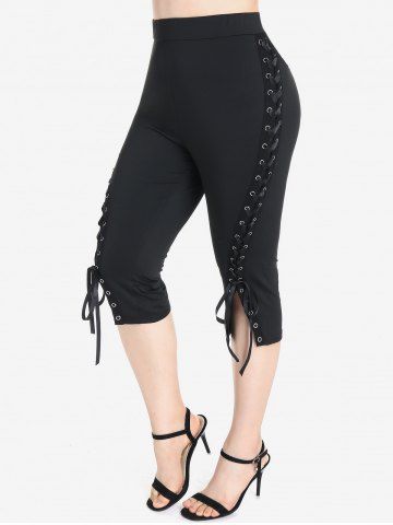 Plus Size Lace Up High Waisted Capri Leggings - BLACK - S | US 8