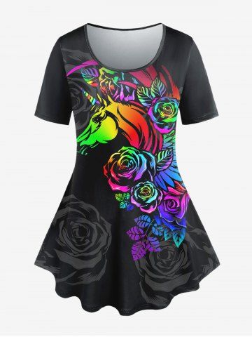 T-shirt à Imprimé 3D Rose de Grande Taille à Manches Courtes - BLACK - 5X | US 30-32