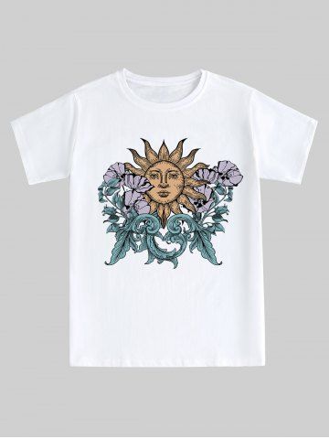 T-shirt Unisexe à Imprimé Fleur Soleil Dessin Animé à Manches Courtes - WHITE - 4XL