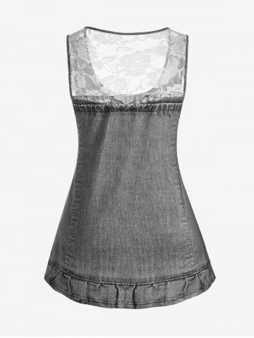 Plus Size Lace Panel 3D Lace Up Denim Print Tank Top