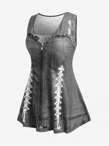 Plus Size Lace Panel 3D Lace Up Denim Print Tank Top