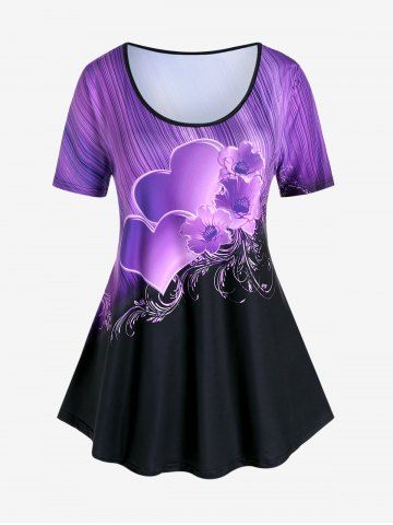 Plus Size Colorblock Floral Heart Print Tee