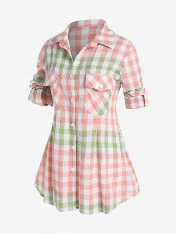 Plus Size Roll Up Sleeve Colorblock Pockets Plaid Shirt