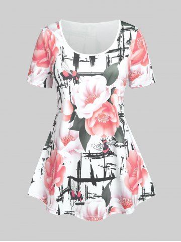 Plus Size Plaid Floral Print Tee - LIGHT PINK - 1X | US 14-16