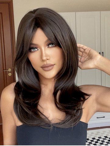 Black Brown Side Bangs Layered Wavy Synthetic Wig - BLACK EEL