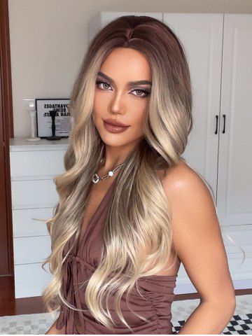 Brown Gradient Gold Long Wavy Fluffy Synthetic Wig - MULTI