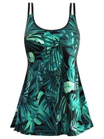 Modest Tropical Leaf Print Padded Dual Strap Boyshorts Summer Beach Tankini Swimsuit - GREEN - S